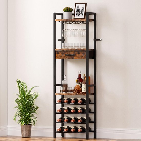 Unyqoos® Vrijstaand metalen wijnrek met planken en lade voor huiselijke organisatie