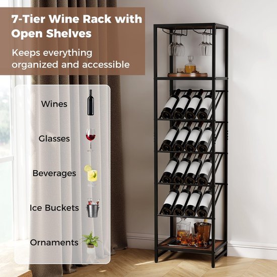 Unyqoos® Vrijstaand metalen wijnrek voor 16 flessen met glazenhouders en schappen