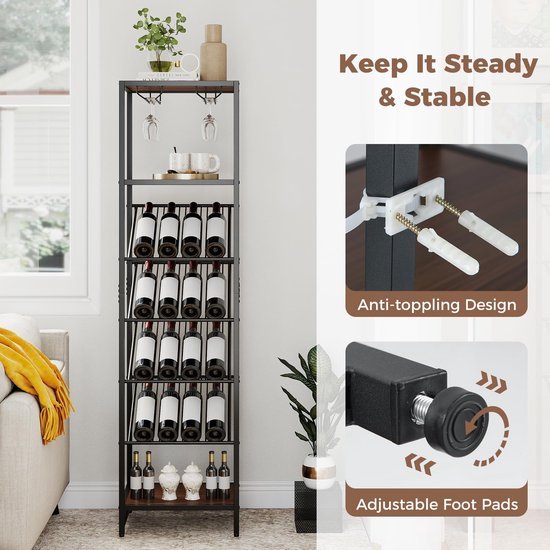 Unyqoos® Vrijstaand metalen wijnrek voor 16 flessen met glazenhouders en schappen