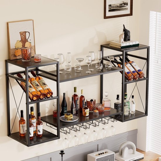 Unyqoos® Zwart metalen wandwijnrek met glazen houders voor huisbar en keuken