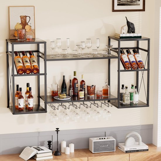 Unyqoos® Zwart metalen wandwijnrek met glazen houders voor huisbar en keuken