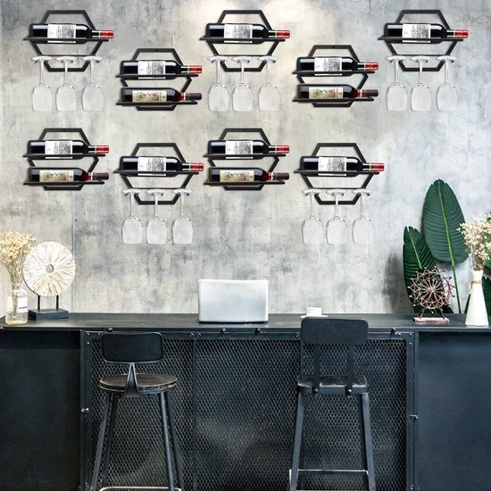 550x550-36912.jpg Unyqoos® Stijlvol metalen wandrek voor wijnflessen en glazen voor keuken en bar