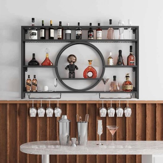 550x550-36997.jpg Unyqoos® Ruimtebesparend zwart wandgemonteerd metalen wijnrek met glasopslag