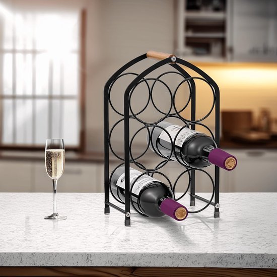 Unyqoos® Compact en stijlvol wijnrek voor zes flessen met houten handgreep