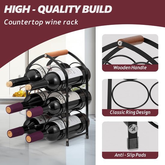 Unyqoos® Compact en stijlvol wijnrek voor zes flessen met houten handgreep