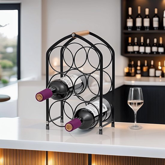 Unyqoos® Compact en stijlvol wijnrek voor zes flessen met houten handgreep