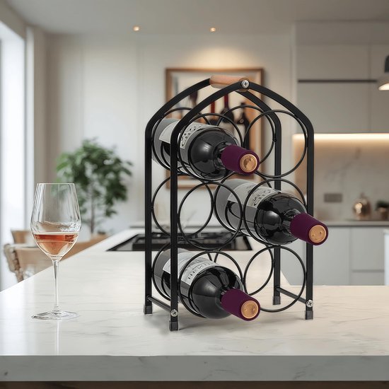 Unyqoos® Compact en stijlvol wijnrek voor zes flessen met houten handgreep
