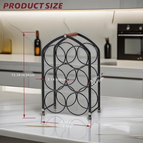 Unyqoos® Compact en stijlvol wijnrek voor zes flessen met houten handgreep