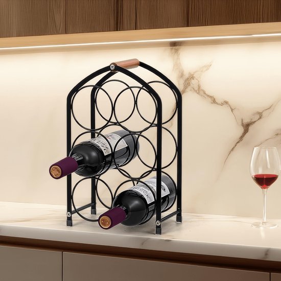 Unyqoos® Compact en stijlvol wijnrek voor zes flessen met houten handgreep