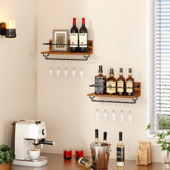 Unyqoos® Houten wandgemonteerd wijnrek met glazenhouder voor keuken en bar