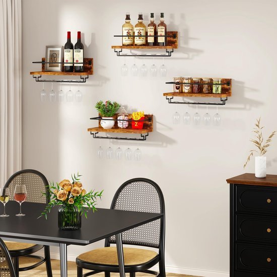 Unyqoos® Houten wandgemonteerd wijnrek met glazenhouder voor keuken en bar