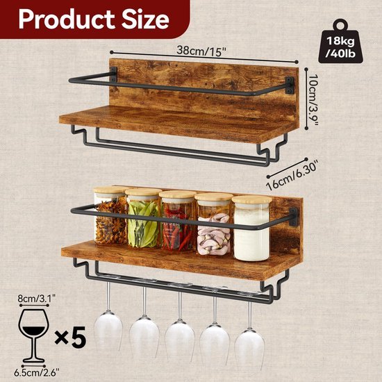 Unyqoos® Houten wandgemonteerd wijnrek met glazenhouder voor keuken en bar