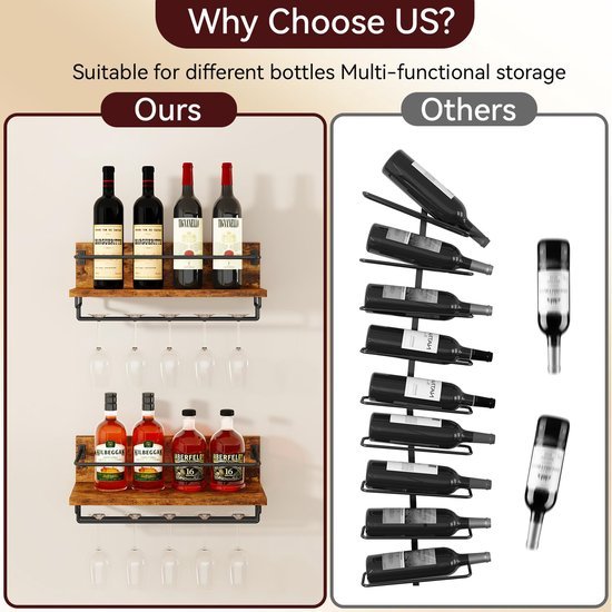Unyqoos® Houten wandgemonteerd wijnrek met glazenhouder voor keuken en bar