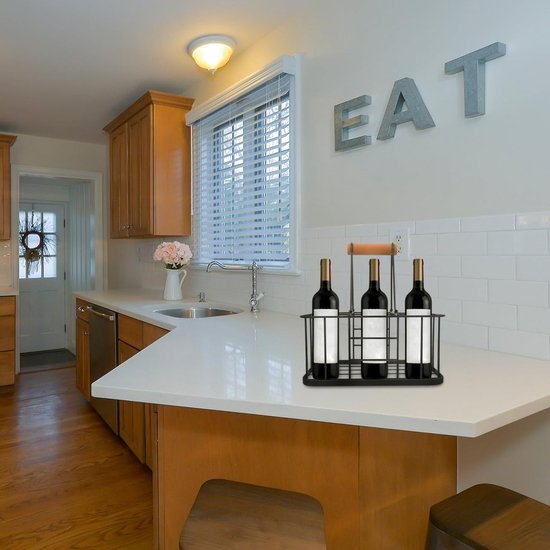 Unyqoos® Metalen flessenmand met houten handvat voor zes flessen in vintage stijl