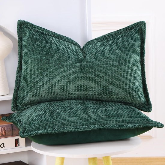 Unyqoos ® Moderne Decoratieve Chenille en Fluwelen Kussenhoezen Set van 2 met Stijlvolle Rand, Donkergroen, 30 x 50 cm