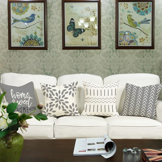 Unyqoos ® Set van 4 Linnen Sierkussenslopen voor Binnen en Buiten, Grijze Print, 40 x 40 cm
