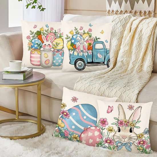 Unyqoos ® Kussenhoezen Set van 4 met Paasthema voor Lente Decoratie in Woonkamer of Slaapkamer