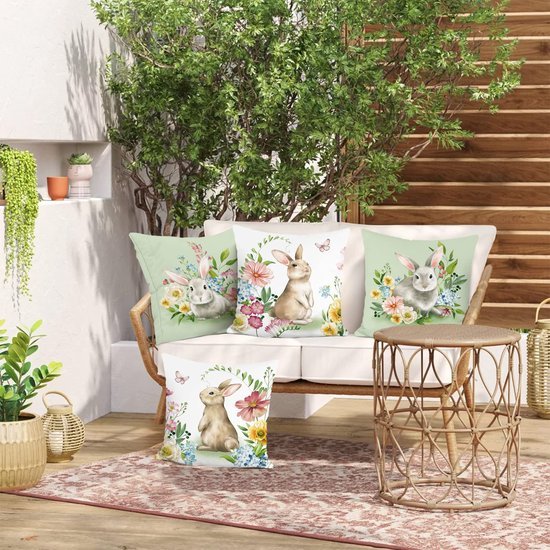 550x550-37314.jpg Unyqoos ® Verfrissende Set van 4 Lentethema Kussenhoezen met Konijnen en Bloemen voor Uw Interieur