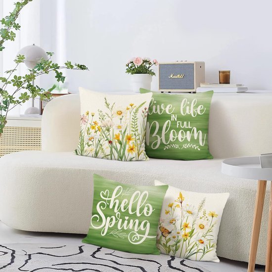 Unyqoos ® Set van 4 Decoratieve Kussenhoezen met Lente Bloemenmotief voor Binnen en Buiten 45 x 45 cm