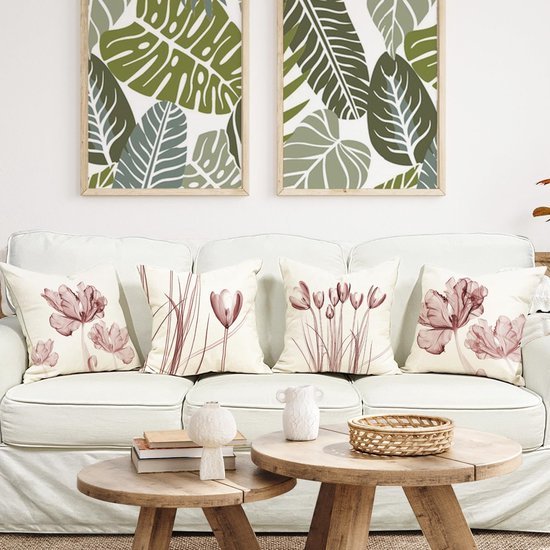 Unyqoos ® Sierlijke Bloemen Kussenhoezen Set van 4 in Linnen voor Binnen- en Buitengebruik 40x40 cm