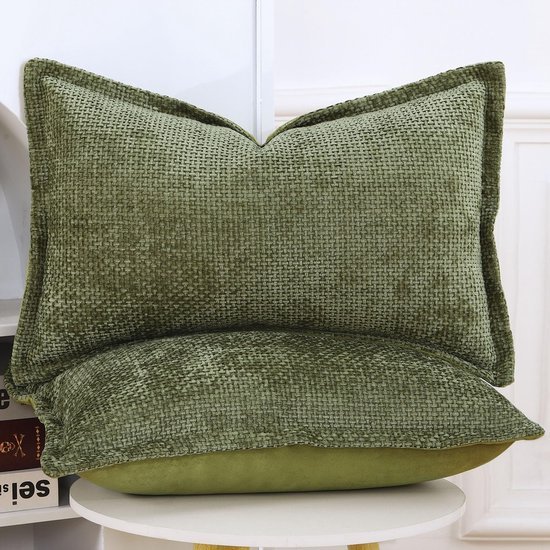 Unyqoos ® Set van 2 Luxe Mosgroene Chenille Kussenhoezen met Fluwelen Achterkant en Decoratieve Franjes