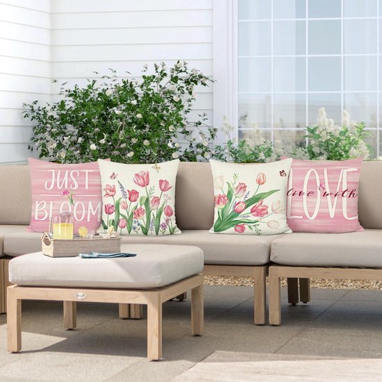Unyqoos ® Set van 4 Decoratieve Kussenslopen met Lente Bloemenmotief voor Huis en Tuin