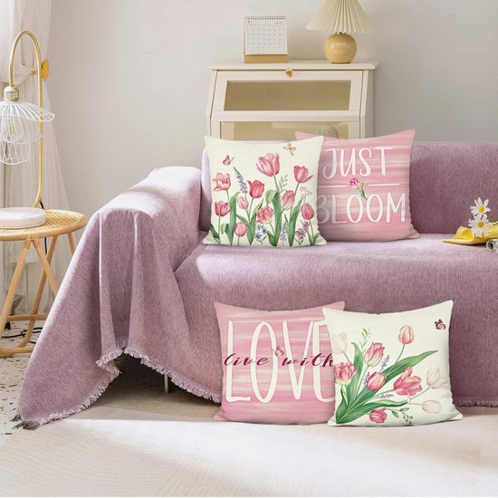 Unyqoos ® Set van 4 Decoratieve Kussenslopen met Lente Bloemenmotief voor Huis en Tuin