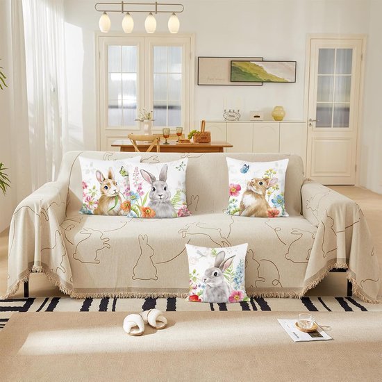 Unyqoos ® Set van 4 Decoratieve Kussenslopen met Lente Haas en Bloemenmotief voor Thuisdecoratie