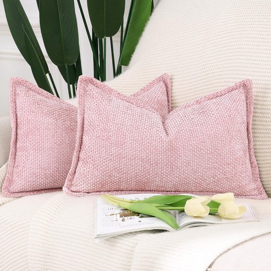 Unyqoos ® Set van 2 Luxe Chenille en Fluweel Kussenhoezen met Stijlvolle Rand in Roze, 30 x 50 cm