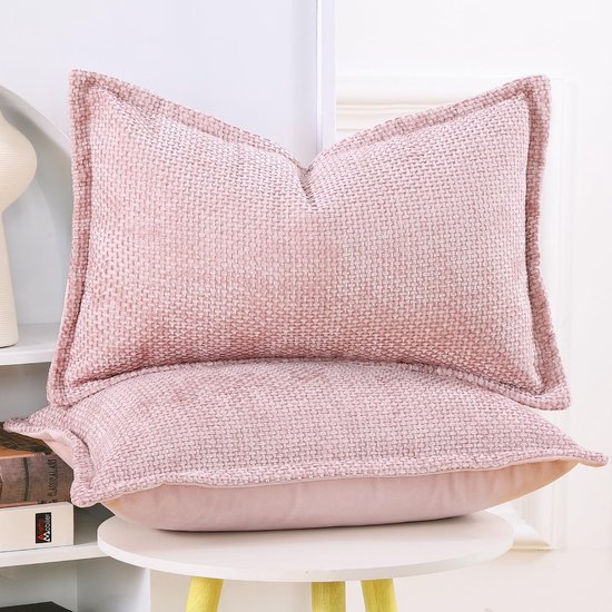 Unyqoos ® Set van 2 Luxe Chenille en Fluweel Kussenhoezen met Stijlvolle Rand in Roze, 30 x 50 cm
