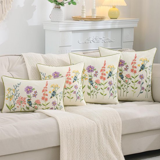 Unyqoos ® Set van 2 Kussenslopen met Bloemenborduurwerk en Vogeldesign voor Slaapkamer en Tuin