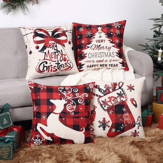 550x550-38035.jpg Unyqoos® Set van vier rode kerstkussenslopen met klassieke kerstmotieven