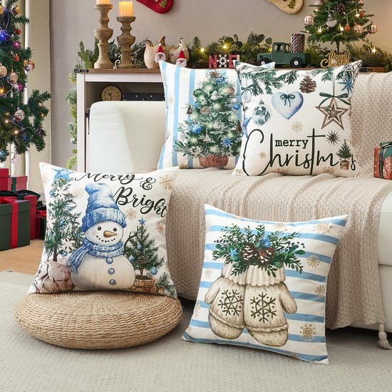 550x550-38049.jpg Unyqoos® Set van 4 decoratieve kerstkussenhoezen met sneeuwpop motief voor woonkamer en slaapkamer