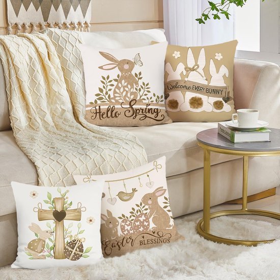 Unyqoos ® Set van 4 Decoratieve Kussenhoezen met Lente Thema en Haasmotief voor Woondecoratie