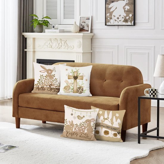 Unyqoos ® Set van 4 Decoratieve Kussenhoezen met Lente Thema en Haasmotief voor Woondecoratie