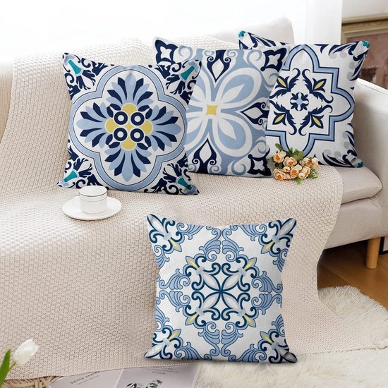 Unyqoos® Set van 4 decoratieve kussenslopen met boho-geometrische prints in blauw en geel