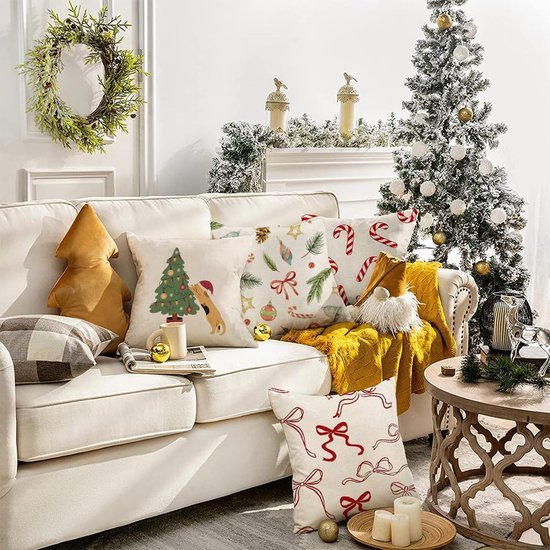 Unyqoos® Set van 4 linnenlook kussenslopen met kerstmotief voor sfeervolle decoratie