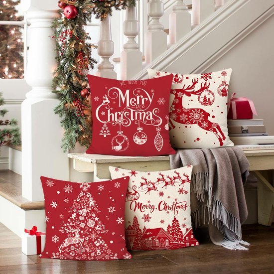 Unyqoos® Set van 4 feestelijke kussenslopen met rendiermotief voor kerstdecoratie