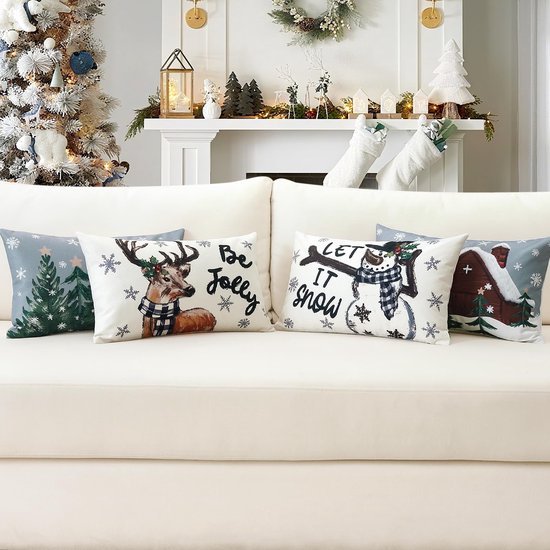 Unyqoos® Set van vier kussenslopen met sneeuwpop en eland design voor kerstdecoratie