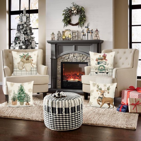 Unyqoos® Set van 4 decoratieve winterkussenslopen met rendier en sneeuwvlokken ontwerp
