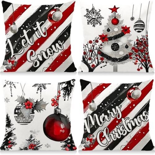 550x550-38925.jpg Unyqoos® Set van 4 stijlvolle kerstkussenslopen met klokken en bomen motief