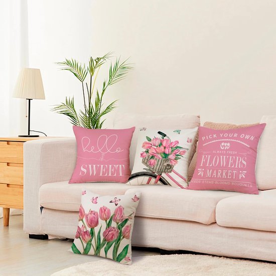 Unyqoos® Set van vier decoratieve linnen kussenslopen met bloemen voor zomerse sfeer