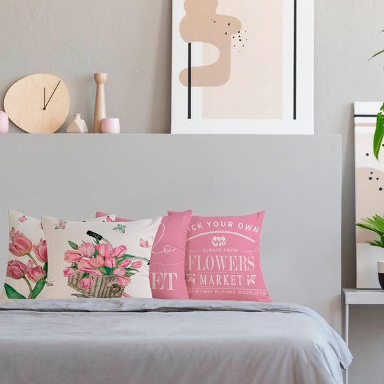 Unyqoos® Set van vier decoratieve linnen kussenslopen met bloemen voor zomerse sfeer