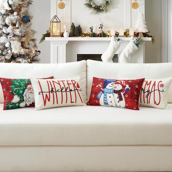 Unyqoos® Kerstkussenslopen Set van 4 met Sneeuwpop en Kerstman Motief voor Feestelijke Sfeer
