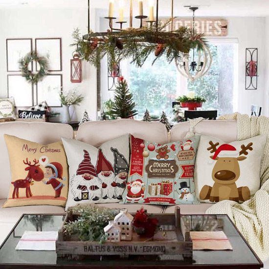 Unyqoos® Set van 4 decoratieve kussenslopen voor kerst in linnen stof 45x45 cm