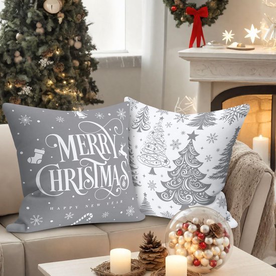 Unyqoos® Set van vier grijze kussenslopen met kerstmotief voor sfeervolle decoratie
