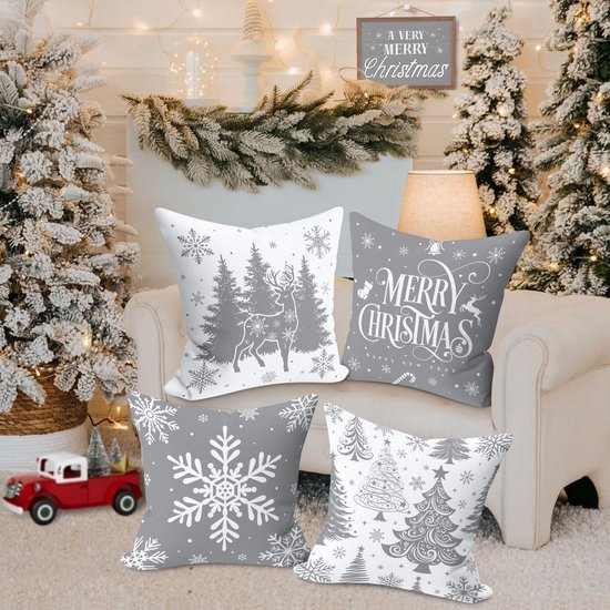 Unyqoos® Set van vier grijze kussenslopen met kerstmotief voor sfeervolle decoratie