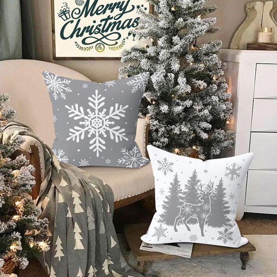 Unyqoos® Set van vier grijze kussenslopen met kerstmotief voor sfeervolle decoratie