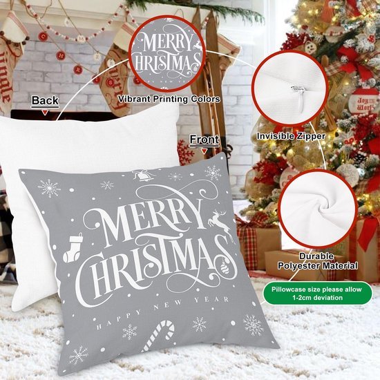 Unyqoos® Set van vier grijze kussenslopen met kerstmotief voor sfeervolle decoratie