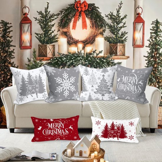 Unyqoos® Set van vier grijze kussenslopen met kerstmotief voor sfeervolle decoratie